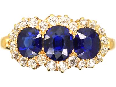 Edwardian 18ct Gold Triple Cluster Ring set with Three Sapphires & Diamonds