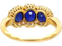 Edwardian 18ct Gold Triple Cluster Ring set with Three Sapphires & Diamonds