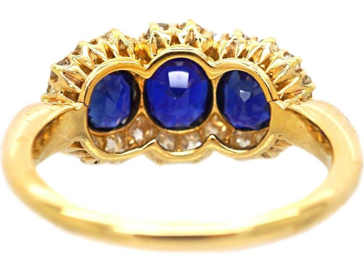 Edwardian 18ct Gold Triple Cluster Ring set with Three Sapphires & Diamonds