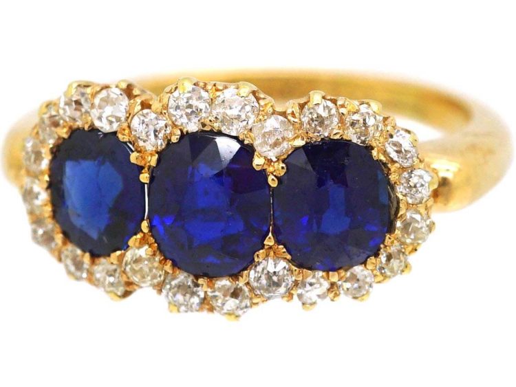 Edwardian 18ct Gold Triple Cluster Ring set with Three Sapphires & Diamonds