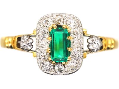 Edwardian 18ct Gold, Emerald & Diamond Rectangular Cluster Ring with Diamond Shoulders