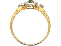 Edwardian 18ct Gold, Emerald & Diamond Rectangular Cluster Ring with Diamond Shoulders
