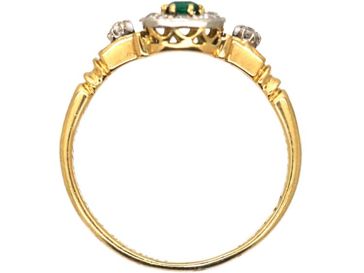 Edwardian 18ct Gold, Emerald & Diamond Rectangular Cluster Ring with Diamond Shoulders