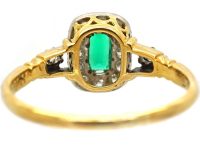 Edwardian 18ct Gold, Emerald & Diamond Rectangular Cluster Ring with Diamond Shoulders