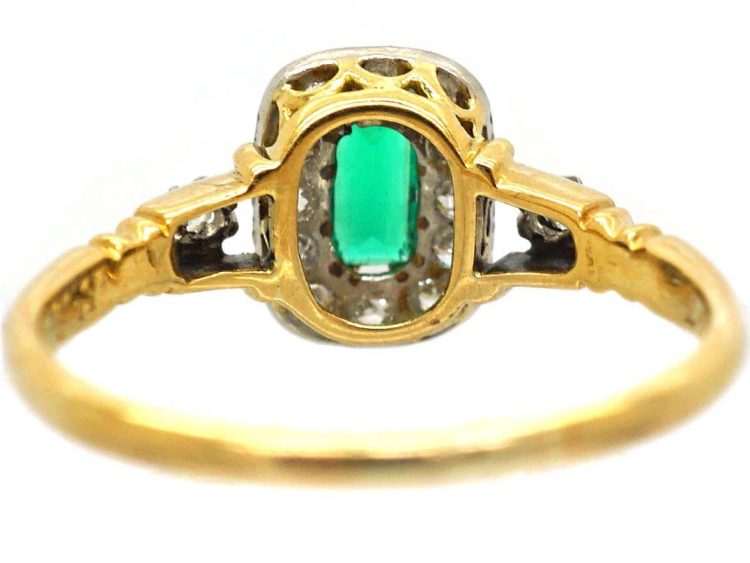 Edwardian 18ct Gold, Emerald & Diamond Rectangular Cluster Ring with Diamond Shoulders