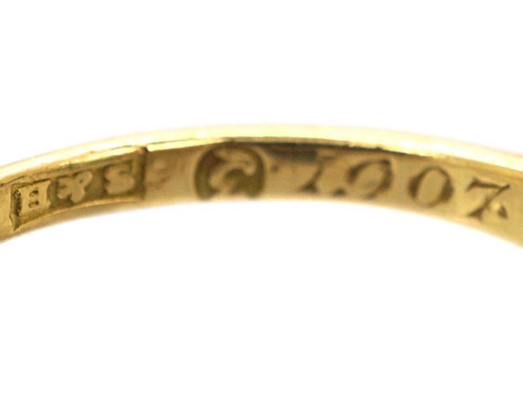 Edwardian 18ct Gold, Emerald & Diamond Rectangular Cluster Ring with Diamond Shoulders