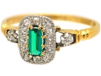 Edwardian 18ct Gold, Emerald & Diamond Rectangular Cluster Ring with Diamond Shoulders