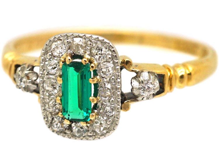 Edwardian 18ct Gold, Emerald & Diamond Rectangular Cluster Ring with Diamond Shoulders