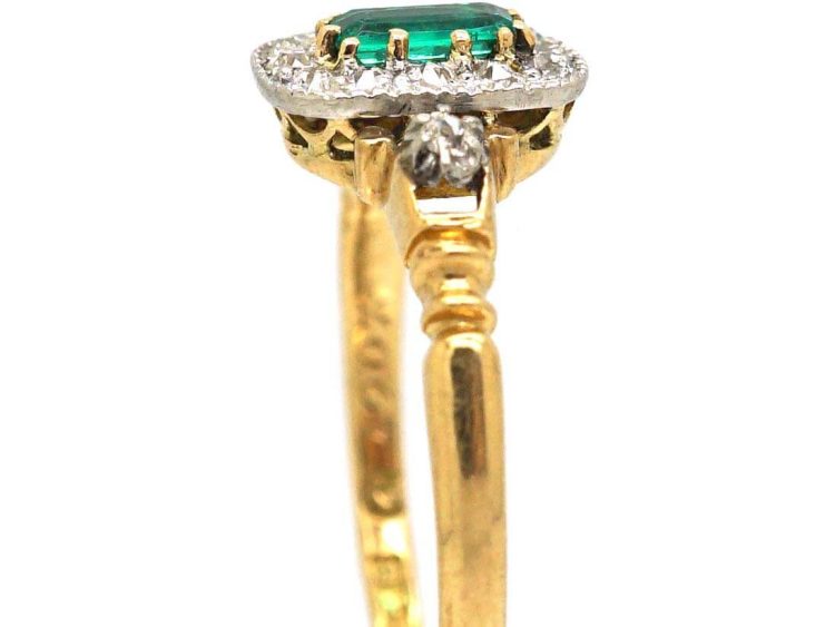 Edwardian 18ct Gold, Emerald & Diamond Rectangular Cluster Ring with Diamond Shoulders