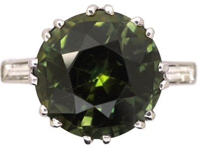 Art Deco Platinum Large Green Sapphire & Baguette Diamond Ring