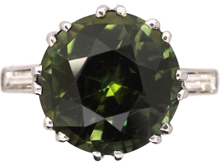 Art Deco Platinum Large Green Sapphire & Baguette Diamond Ring