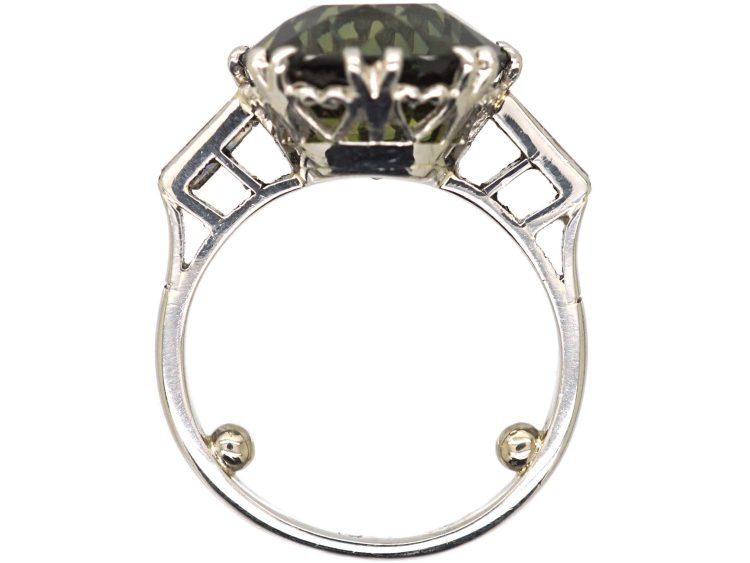 Art Deco Platinum Large Green Sapphire & Baguette Diamond Ring