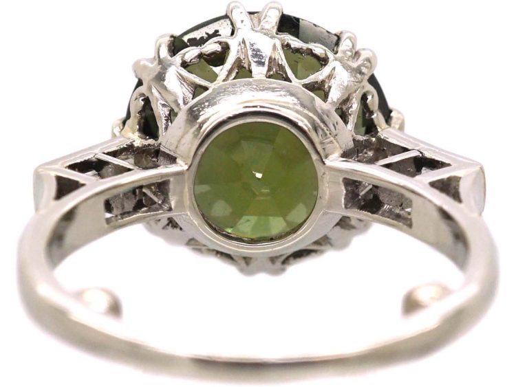 Art Deco Platinum Large Green Sapphire & Baguette Diamond Ring