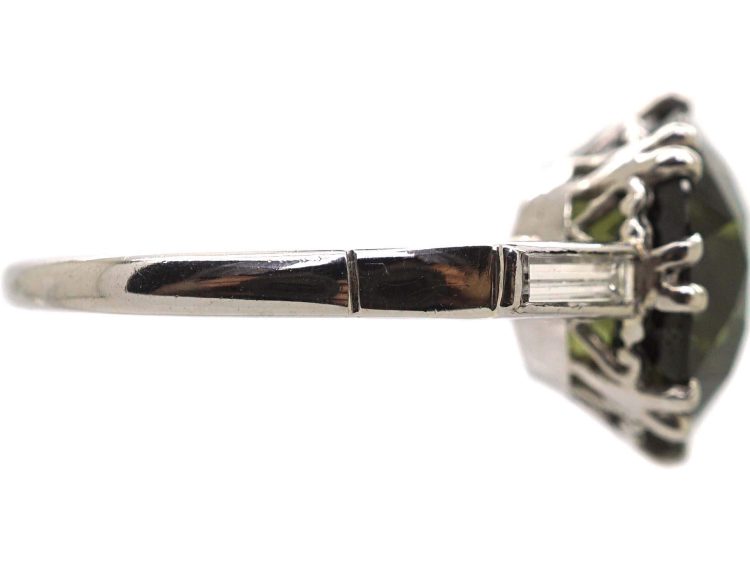 Art Deco Platinum Large Green Sapphire & Baguette Diamond Ring