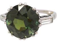 Art Deco Platinum Large Green Sapphire & Baguette Diamond Ring