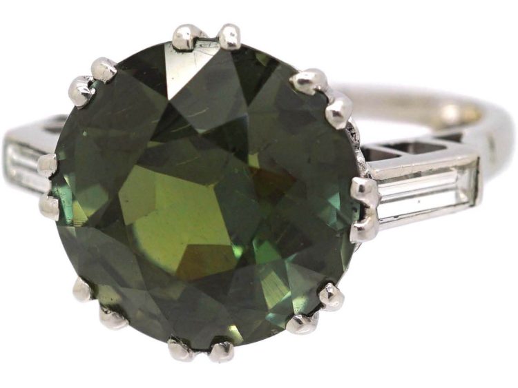 Art Deco Platinum Large Green Sapphire & Baguette Diamond Ring
