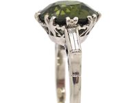 Art Deco Platinum Large Green Sapphire & Baguette Diamond Ring