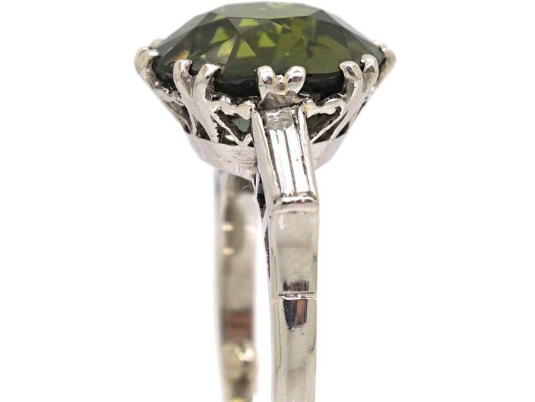 Art Deco Platinum Large Green Sapphire & Baguette Diamond Ring