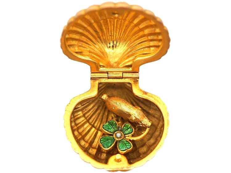 Early 20th Century 18ct Gold French Import Shell Locket with Enamel Four Leaf Clover & Pig Within