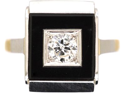 Art Deco 18ct Gold & Platinum Onyx & Diamond Rectangular Ring