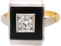 Art Deco 18ct Gold & Platinum Onyx & Diamond Rectangular Ring