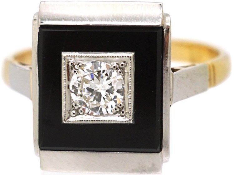 Art Deco 18ct Gold & Platinum Onyx & Diamond Rectangular Ring