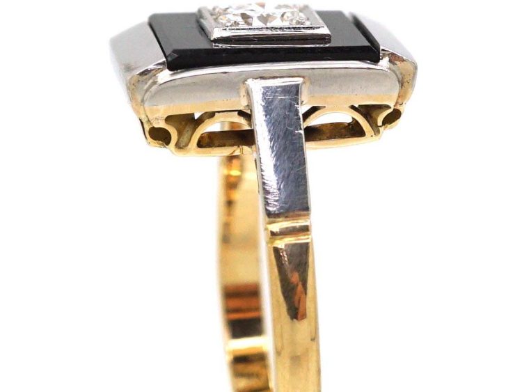 Art Deco 18ct Gold & Platinum Onyx & Diamond Rectangular Ring