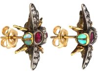 Victorian 15ct Gold & Silver, Ruby & Rose Diamond Bee Earrings with Opal Eyes