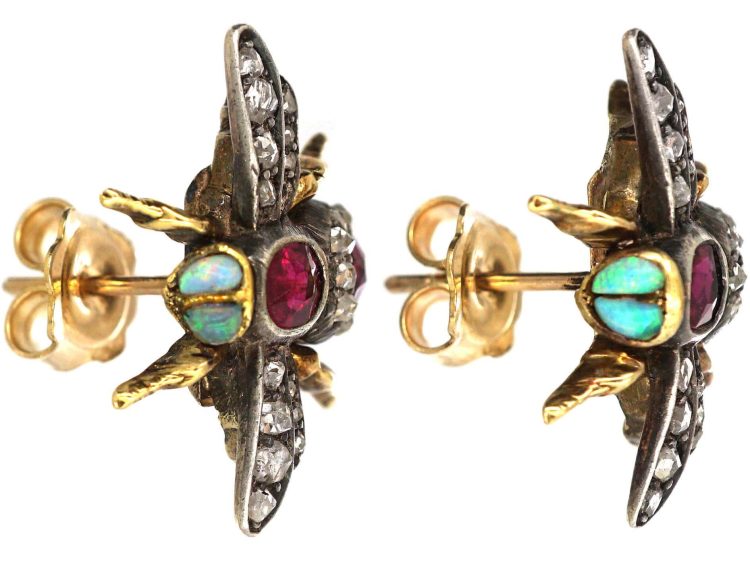 Victorian 15ct Gold & Silver, Ruby & Rose Diamond Bee Earrings with Opal Eyes