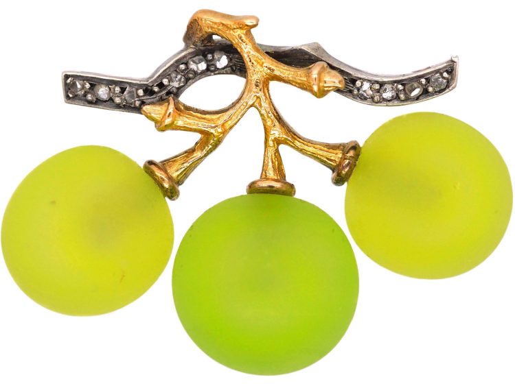 Early 20th Century 18ct Gold & Silver , Pâte de Verre & Rose Diamond Grapes Brooch by Maison Fonsèque & Olive in Original Case