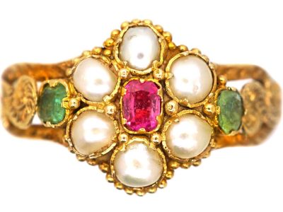 Regency 15ct Gold Cluster Ring set with Natural Split Pearls, Emeralds & a Ruby