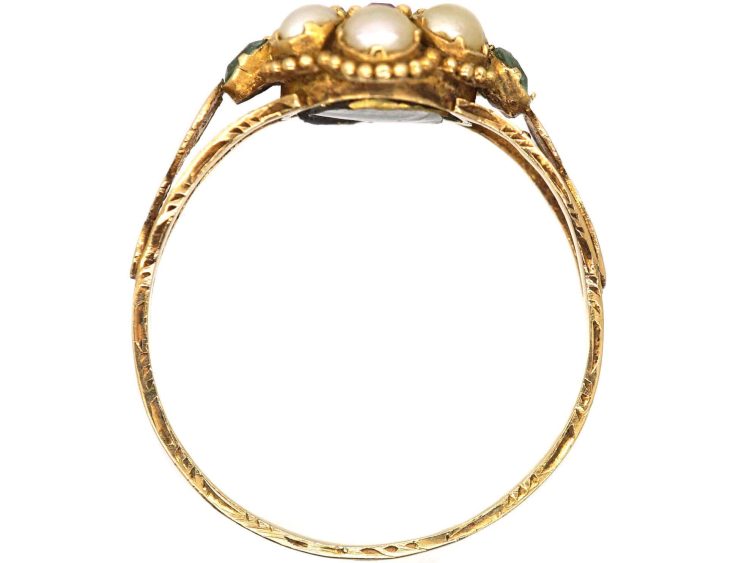 Regency 15ct Gold Cluster Ring set with Natural Split Pearls, Emeralds & a Ruby