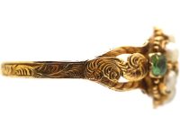 Regency 15ct Gold Cluster Ring set with Natural Split Pearls, Emeralds & a Ruby