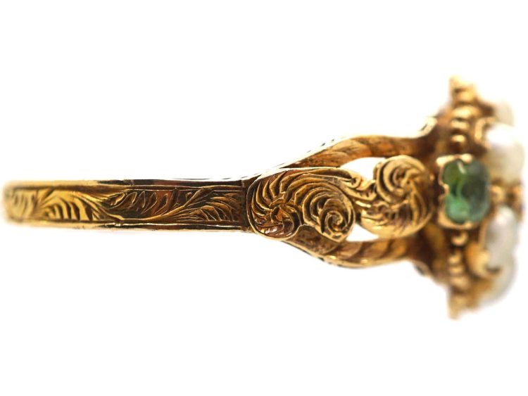 Regency 15ct Gold Cluster Ring set with Natural Split Pearls, Emeralds & a Ruby