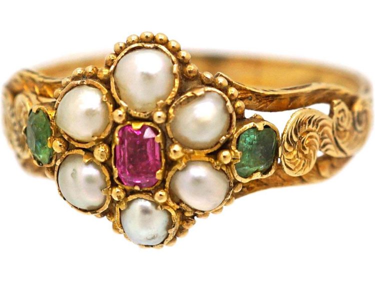 Regency 15ct Gold Cluster Ring set with Natural Split Pearls, Emeralds & a Ruby
