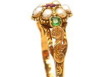 Regency 15ct Gold Cluster Ring set with Natural Split Pearls, Emeralds & a Ruby