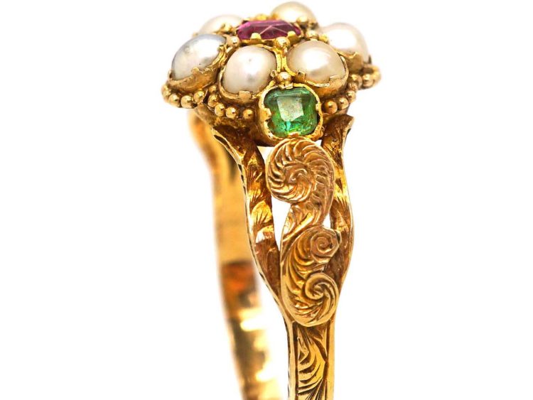 Regency 15ct Gold Cluster Ring set with Natural Split Pearls, Emeralds & a Ruby