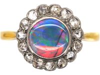 Edwardian 18ct Gold, Black Opal & Rose Diamond Cluster Ring
