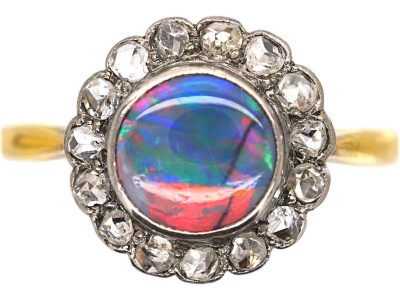 Edwardian 18ct Gold, Black Opal & Rose Diamond Cluster Ring