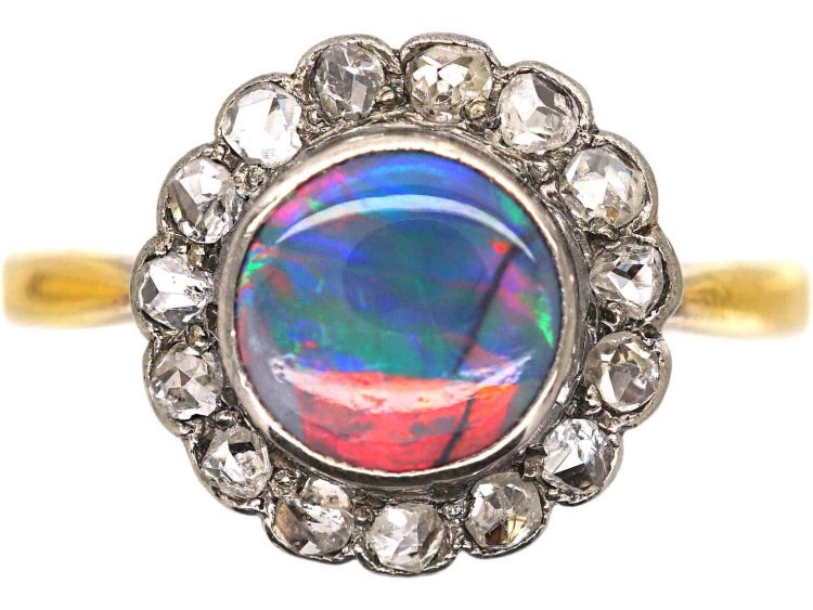 Edwardian 18ct Gold, Black Opal & Rose Diamond Cluster Ring