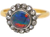 Edwardian 18ct Gold, Black Opal & Rose Diamond Cluster Ring