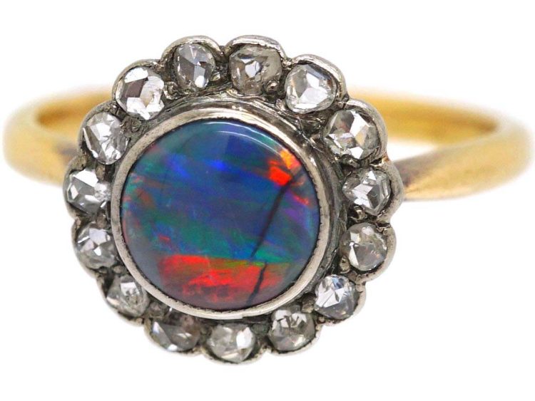 Edwardian 18ct Gold, Black Opal & Rose Diamond Cluster Ring