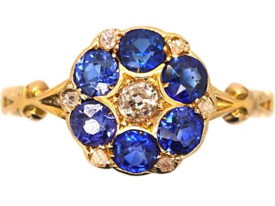 Edwardian 18ct Gold, Sapphire & Diamond Cluster Ring with Ornate Shoulders