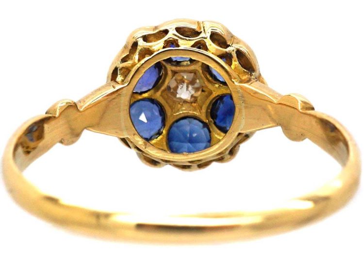 Edwardian 18ct Gold, Sapphire & Diamond Cluster Ring with Ornate Shoulders
