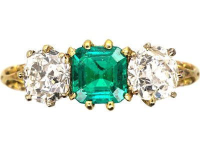 Victorian 18ct Gold, Emerald & Diamond Three Stone Ring