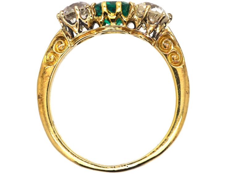 Victorian 18ct Gold, Emerald & Diamond Three Stone Ring