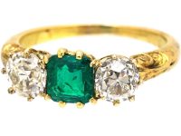 Victorian 18ct Gold, Emerald & Diamond Three Stone Ring