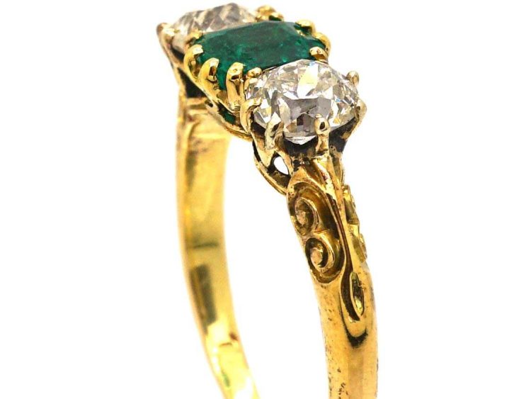 Victorian 18ct Gold, Emerald & Diamond Three Stone Ring