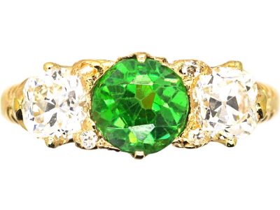 Victorian 18ct Gold Carved Half Hoop Ring set with a Green Garnet & Diamonds