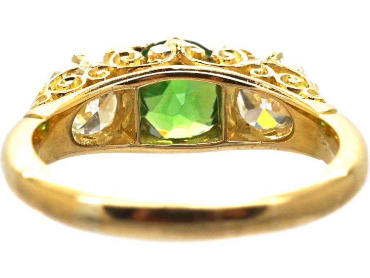 Victorian 18ct Gold Carved Half Hoop Ring set with a Green Garnet & Diamonds